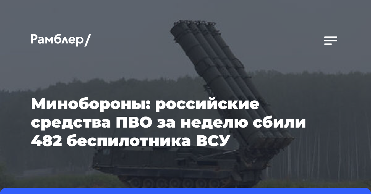 Минобороны: российские средства ПВО за неделю сбили 482 беспилотника ВСУ