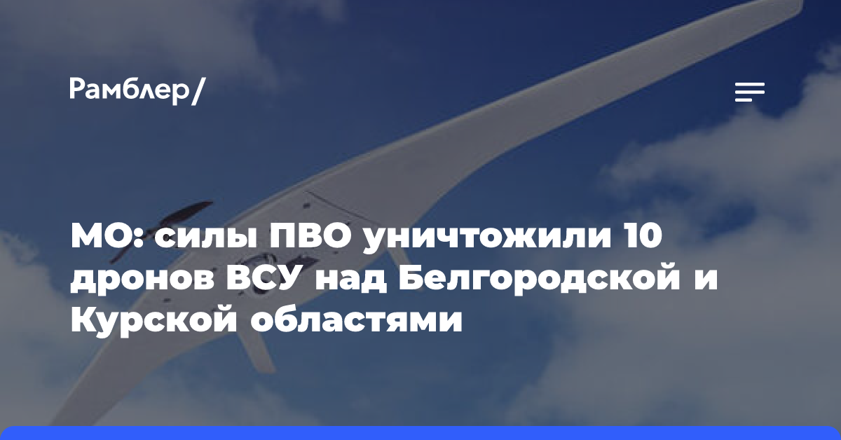 МО: силы ПВО уничтожили 10 дронов ВСУ над Белгородской и Курской областями